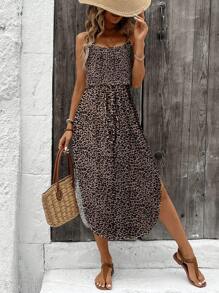 SHEIN LUNE 女士条纹豹纹音乐节夏季透气扎染褶饰高腰开衩吊带连衣裙，适合夏季 - 彩色 - 查看 1