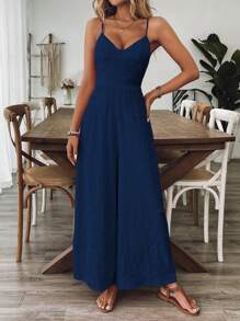 Breezaya 女式V领紫红色无袖连体裤，春夏度假风格 - 藏蓝色 - 查看 4