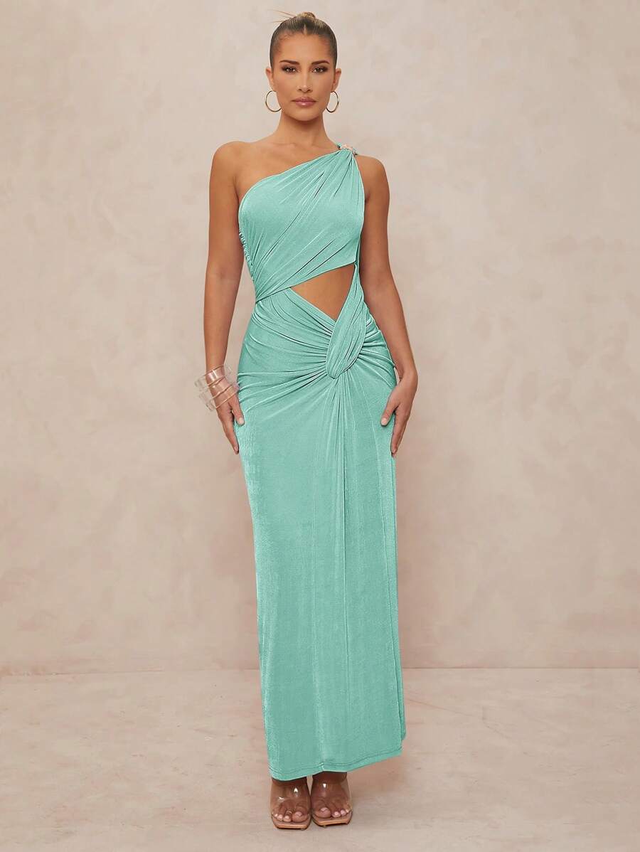 Lumalex Abito lungo aderente da donna con decorazione metallica, design arricciato e attorcigliato, monospalla