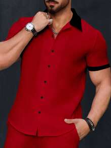 Manfinity Homme Men's Casual Contrast Color Trim Short Sleeve Shirt, Summer - Red - View 5