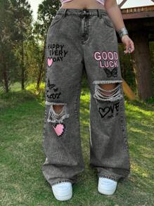 SHEIN MOD Quần Jeans Ống Thẳng Rách Rộng Cỡ Lớn, Màu Xanh - Xám - Xem 1