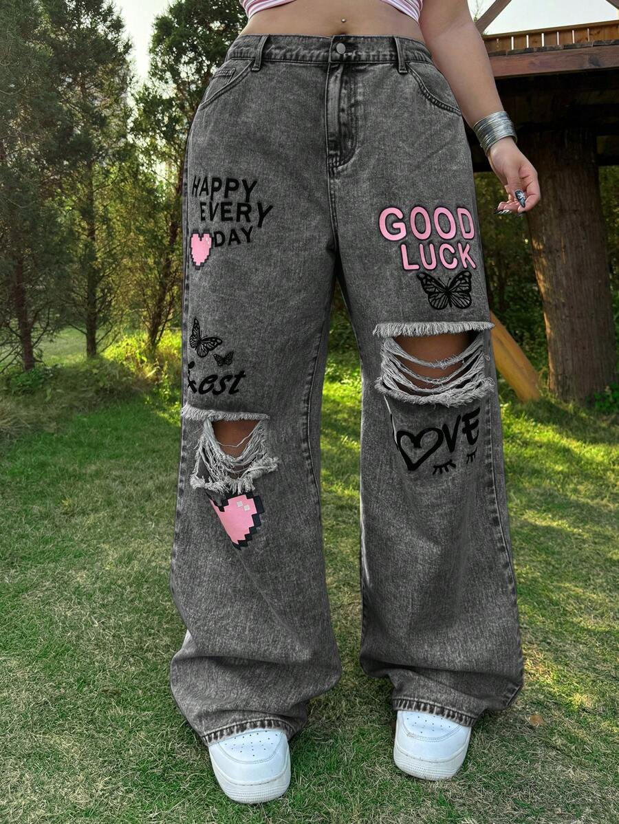 SHEIN MOD Quần Jeans Ống Thẳng Rách Rộng Cỡ Lớn, Màu Xanh - Xám - Xem 1