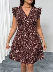 SHEIN Frenchy Plus Size Casual Vacation Mini Ditsy Floral Ruched A-Line Cap Sleeve Dress - Coffee Brown - View 4