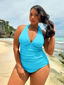 Swim Lushoire Plus Size Women Solid Color Ruched Deep V-Neck Sexy Backless One-Piece Swimsuit For Summer Beach Vacation - Mint Blue - View 3