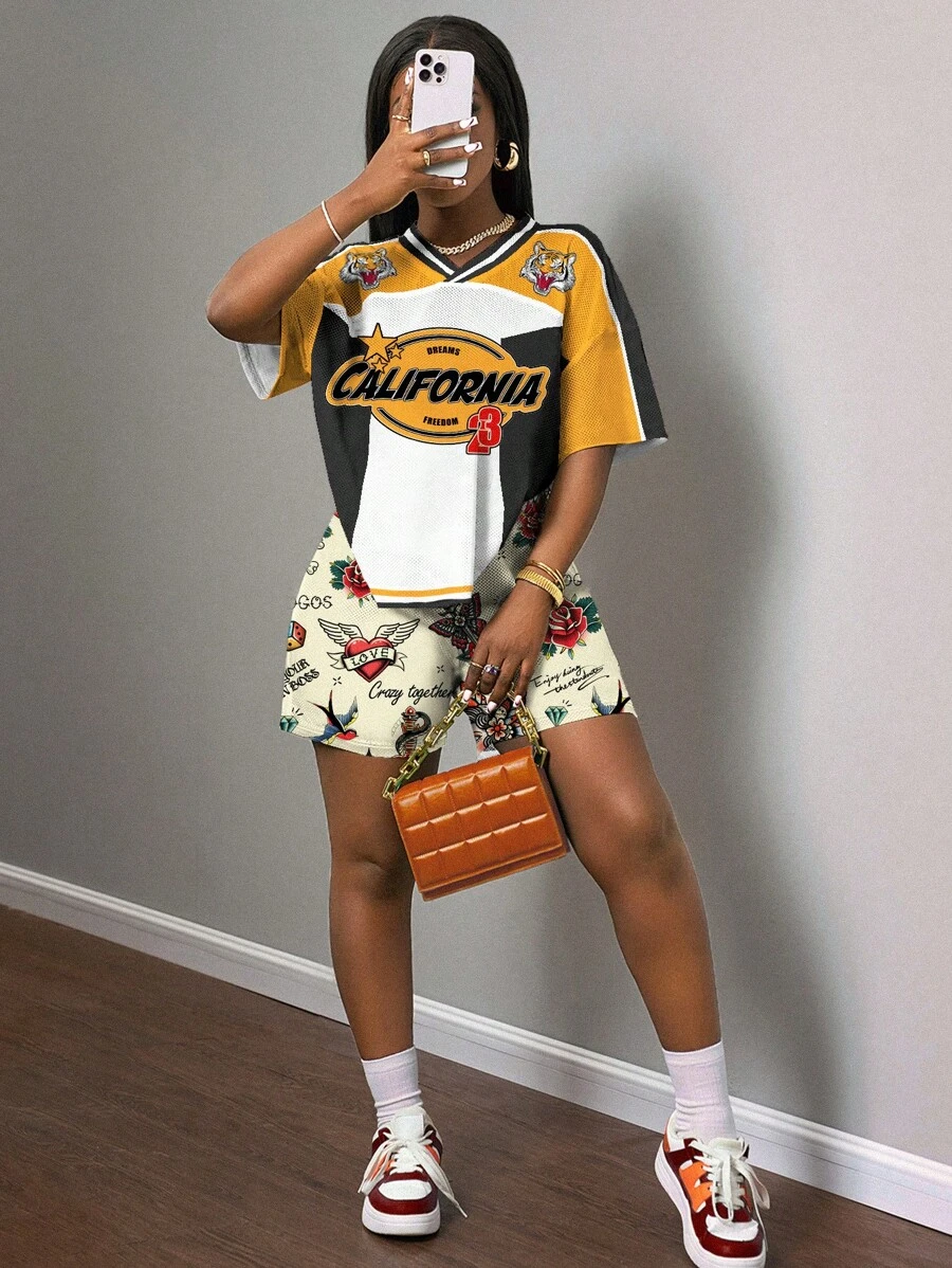 Slaydiva 2件套女士V领宽松虎头玫瑰爱心印花T恤和短裤，春夏街头风针织衫，适合锐舞派对、伊比沙岛乡村音乐会、纳什维尔等场合，夏季套装 - 彩色 - 查看 1