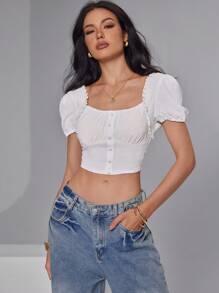 Roylia 女士方领优雅法式浪漫版型纹理可爱泡泡袖短款衬衫 - 白色 - 查看 6