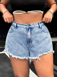 SHEIN ICON Plus Size Women's Bow Embroidered Washed Non-Stretch Denim Shorts - Light Wash - View 5