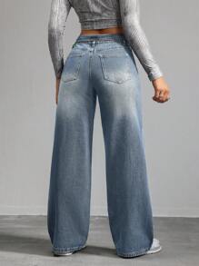 SHEIN Tall 女士牛仔裤 休闲直筒长裤 蓝色 女士宽松牛仔裤 女式高腰裤子 低腰宽松牛仔裤 - 淺色水洗藍 - 查看 2