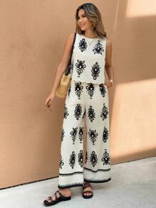 SHEIN Frenchy Women's Casual Printed Sleeveless Crew Neck Top And Pants, Simple And Fashionable For Summer, Summer Outfits For Women Vacation Outfits Women Beach Outfits For Woman 2 Pieces Sets Woman Boho Women's Clothing,Summer Sets Flower - Apricot - View 4