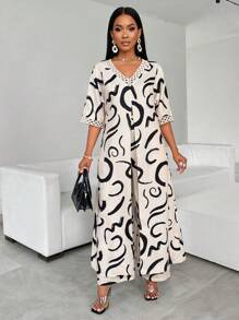 SHEIN Lady 非洲连衣裙图案镂空 V 领衬衫和松紧腰阔腿裤女式两件套西装度假装女式两件套女士商务休闲女士波西米亚风/波西米亚风/波西米亚风女装；女士连衣裙夏季热带休闲 - 彩色 - 查看 6