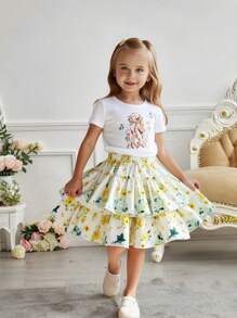2 bucăți/Set Imprimare portret de fetiță împerecheată cu fustă de tort florală stratificată, potrivită pentru ocazional, sezonul nunților, picnicuri în aer liber și alte ocazii - alb - Vizualizare 1