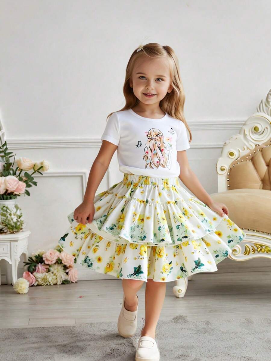 2 bucăți/Set Imprimare portret de fetiță împerecheată cu fustă de tort florală stratificată, potrivită pentru ocazional, sezonul nunților, picnicuri în aer liber și alte ocazii - alb - Vizualizare 1