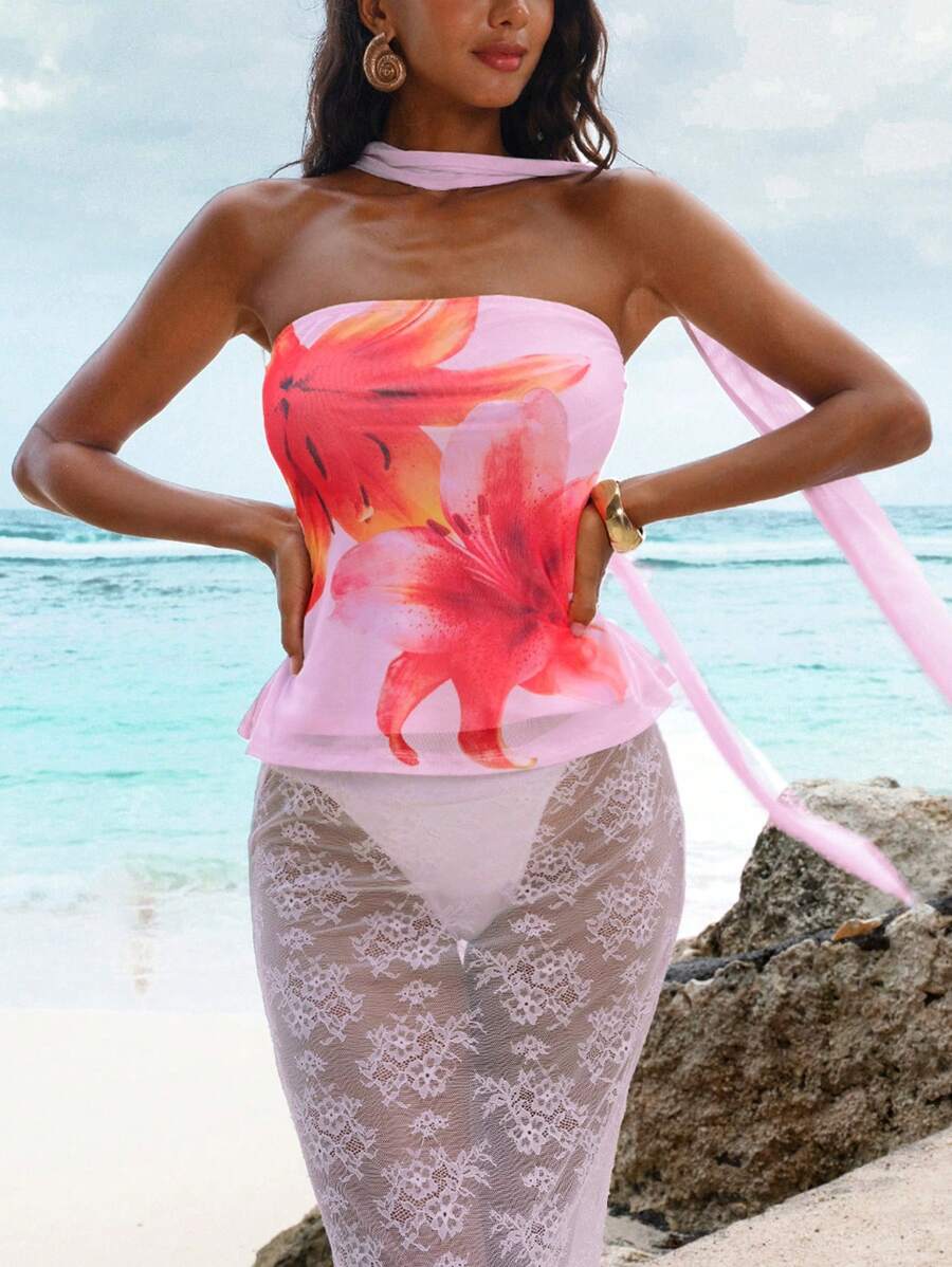 Opulessa Floral Print Knitted Mesh Fitted Camisole Top For Women - Pink - View 1