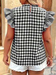 Calvaya Plus Size Ruffled Edge Plaid Cap Sleeve New Spring/Summer Floral Print Collared Women Shirt - Black - View 2