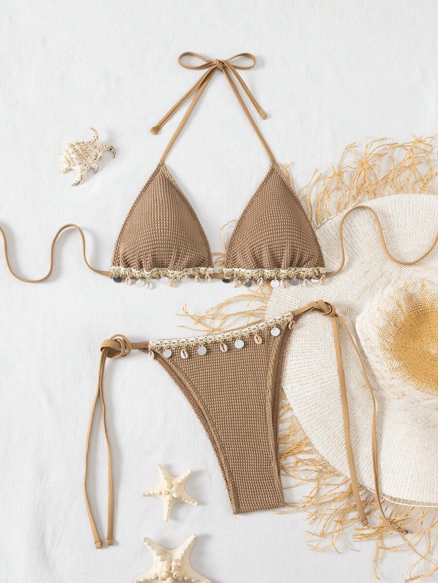 SHEIN Swim Summer Beach Vacation Women's Grid Fabric Shell Sequin Decor Halter Neck Tie Side Bikini Set