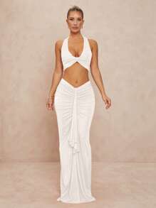 Lumalex 女士两件套：U 领扭纹短款背心和低腰褶饰荷叶边下摆紧身裙