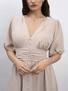 Maija Women's Plus Size Beige Summer Elegant Tea Party Wedding Guest Dress,Short Sleeve V Neck Maxi Bohemian Beach Holiday Style Ruffles Loose A-Line Hem - Apricot - View 1