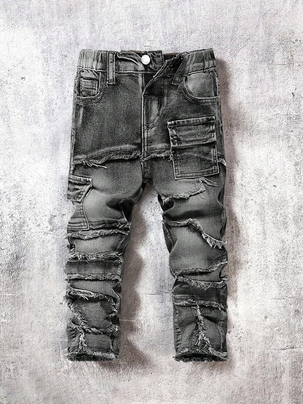 SHEIN Pantalones vaqueros informales para niño pequeño de unicolor con dobladillo deshilachado y múltiples bolsillos