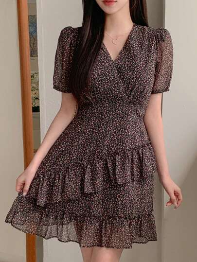 DAZY 女士V领碎花荷叶边收腰短款连衣裙舞会礼服度假装