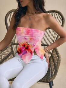 myriadwaveart Pink Floral Print Sleeveless Summer Top For Women, Boho Style - Multicolor - View 3