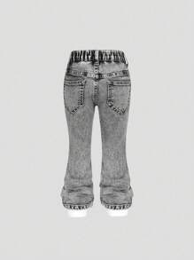 SHEIN Girls Medium Washed Blue Star Embroidery Ripped Skinny Flare Jeans - Light Grey - View 2