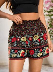 INAWLY Women's Comfortable Floral Print High Waist Pocket Design Vacation Shorts - Multicolor - View 1