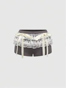 ROMWE Avant Ballet Style Lace Mesh Layered Shorts With Bow Detail, Ultra-Low Waist, Athleti - Grey - View 5