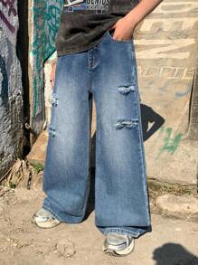 SHEIN Tween Boy Fashion Casual Y2k Patch Details And Cut Out Ripped Frayed Design Blue Denim Loose Comfortable Wide-Leg Jeans For Kids Clothes Boys Soft Dailywear And Kids Summer And Spring Clothes