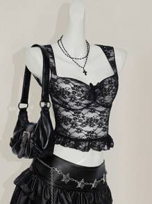 SHEIN ICON Y2k 哥特短款节日派对透视露背波西米亚风性感黑色蕾丝透明短款吊带背心适合春夏日常穿着 - 黑色 - 查看 7