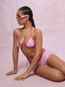 SUMWON WOMEN Bộ đồ bơi bikini in họa tiết tam giác, quần đùi ngắn, đồ bơi đi biển, đồ bơi đi biển, bộ sưu tập mùa hè, đồ bơi đi biển, đồ bơi đi biển, đồ bơi đi hồ bơi - Hồng - Xem 6