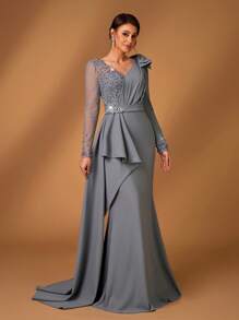 Serin Spring And Summer Elegant And Gorgeous Gray Luxury Computer Pearl Craft Hot Diamond Elastic Knitted V-Neck Bow Long Sleeve Slim Micro Fishtail Splicing Floating Piece Suitable For Dinner Bachelorette Party Date Dance Holiday Wedding Event Heavy Dinner Dress Bride Mother Dress