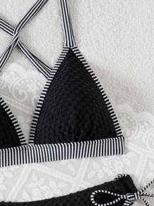 SHEIN Swim 2pcs Textured Multi-Color Cross-Strap Sexy & Elegant Bikini Set, For Vacation, Beach, Pool Party For Summer - Black and White - View 6