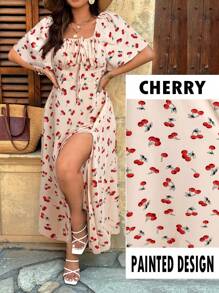 SHEIN Clasi Plus Size Cherry Print Pattern Sleeveless V-Neck Tie Front Ruched Back Gathered Waist Asymmetric Hem Dress, Cute For Casual, Dating, Vacation - Multicolor - View 8