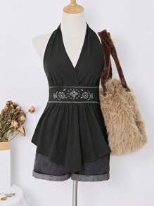 Elamini Women's Retro Bohemian Halter Neck Top, Spring/Summer - Black - View 1