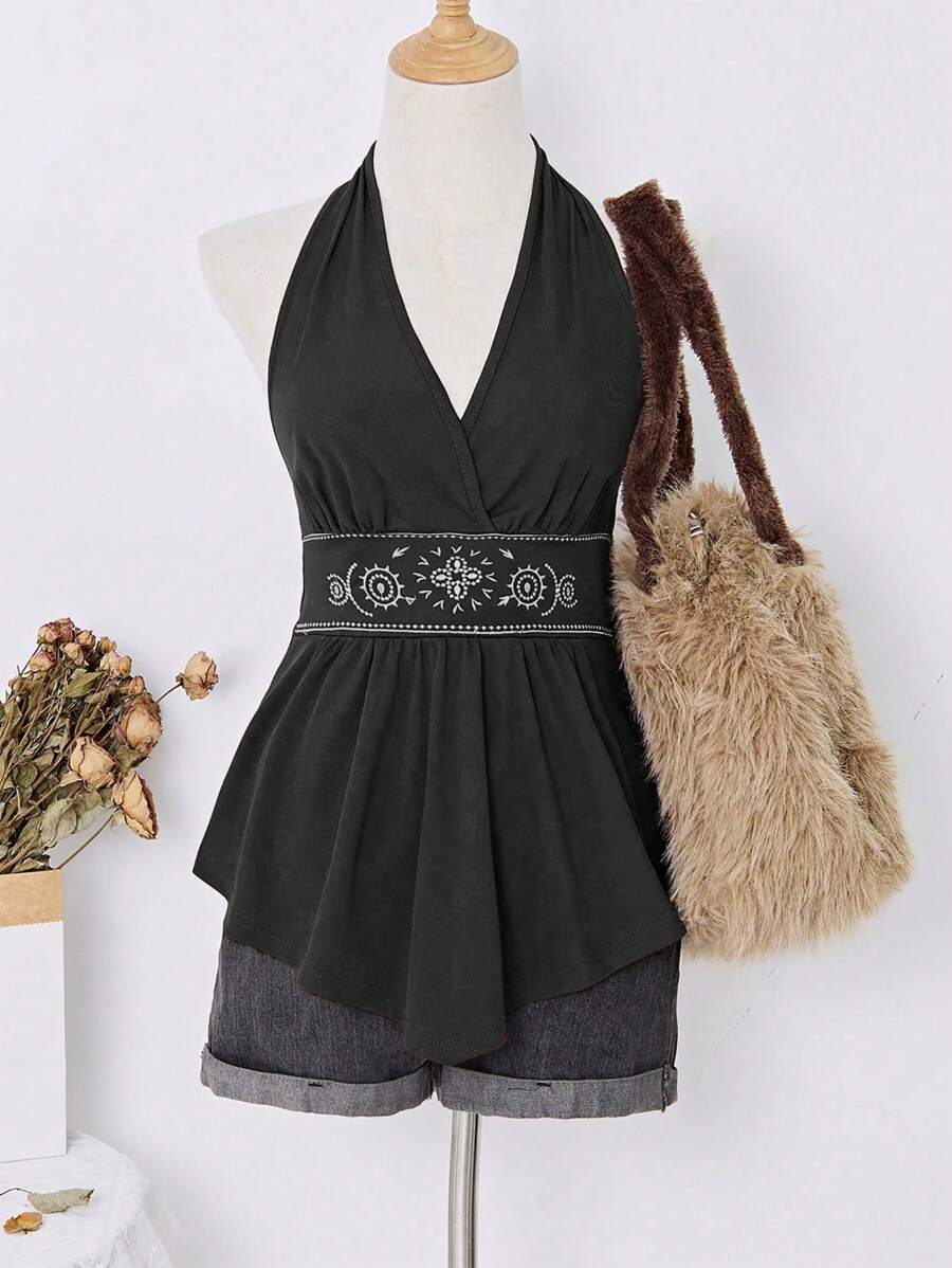 Elamini Women's Retro Bohemian Halter Neck Top, Spring/Summer - Black - View 1