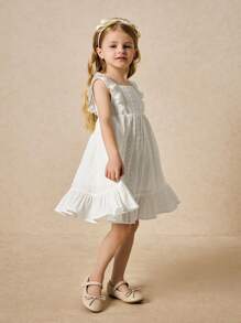 SHEIN Young Girls Elegant White Ruffle Trim Dress, Spring/Summer - White - View 5