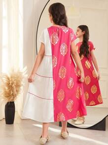 SHEIN Tween Girl Oversized Casual Pattern Foil Print Color Block Layered Round Neck Dress - Pink - View 2