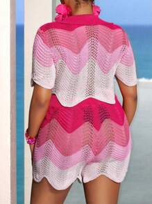 Slaydiva Plus Size Women Pink Ombre Short Knit 2Pcs Set (Top+Shorts), Casual Holiday Wear, Spring/Summer - Pink - View 2