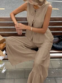 Serisse 女士两件套：无袖纯色系带荷叶边下摆衬衫和阔腿裤，休闲，商务休闲女士 - 卡其色 - 查看 6