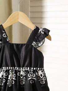 Baby / Toddler Girl Ruffled Strap Black & White Dress, Suitable For Spring, Summer Vacations And Outdoor Play - Black - View 3