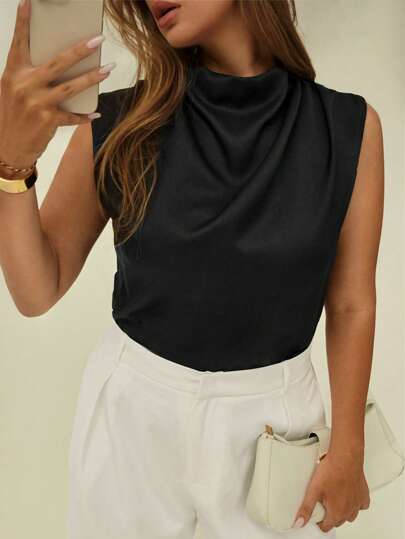 Auralis Plus Draped Collar Sleeveless Blouse