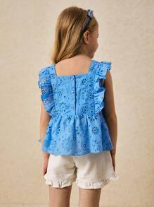 SHEIN Kemeja Tenun Bordir Biru Elegan untuk Anak Perempuan, Musim Semi/Panas - Biru - View 2