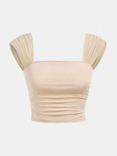 SHEIN Girlism 少女春夏纯色方领褶饰网眼休闲吊带背心