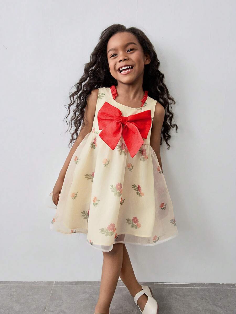 Maija Kids Maija Kids 宽松休闲少女碎花图案撞色荷叶边蝴蝶结装饰连衣裙 - 杏色 - 查看 1