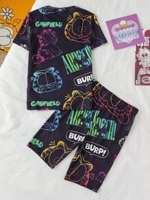 GARFIELD | SHEIN Tween Boy Cartoon Glow-In-The-Dark Full Print Cat Pattern Knit Crew Neck Top And Stretchy Shorts Pajama Set