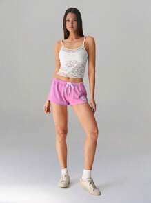 SHEIN Unity 女式简约字母印花网眼低腰短裤，春夏 - 淺粉色 - 查看 7