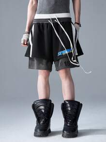 NEON BLANC Men's Street Fashion Letter & Number Print Knit Loose Shorts - Black - View 2