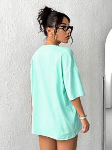INAWLY Solid Color Round Neck Simple Fashion Short Sleeve T-Shirt, Suitable For Summer - Mint Green - View 2