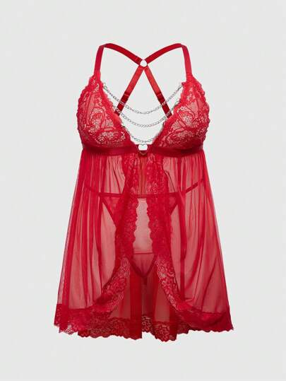 Conjunto de lencería sexy talla grande con detalles románticos de encaje, parches de malla y cadenas