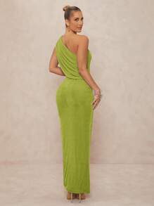 Lumalex 1 chiếc váy bó sát xoắn kim loại trang trí cho nữ có một bên vai - màu xanh lá - Xem 3